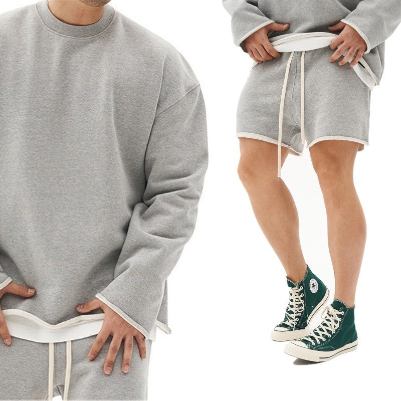 Sports Training Set Sweater Men's Shorts Suit Running Loose Long Sleeve Frayed Top